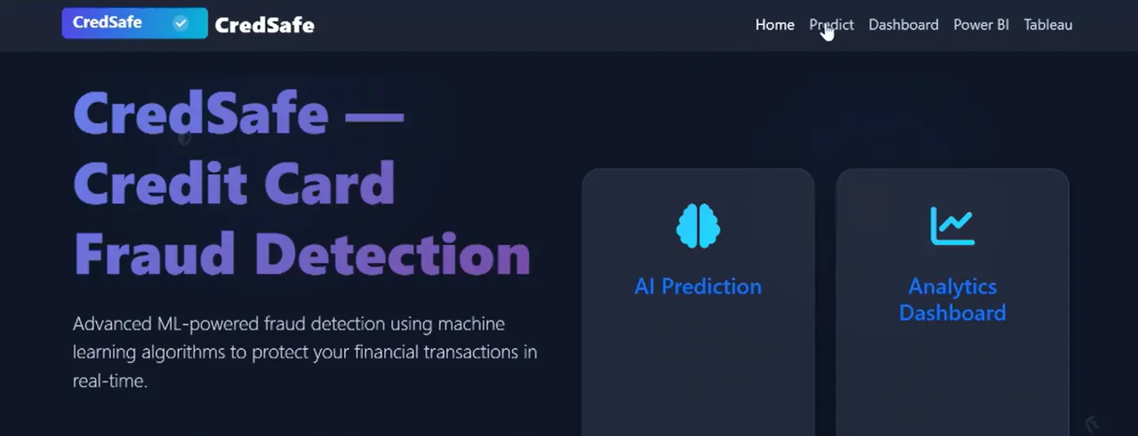 CredSafe landing page, running: the credit card fraud detection headline, a description of the model, and the two entry points into the application — AI Prediction and Analytics Dashboard — beneath a nav bar linking Predict, Dashboard, Power BI and Tableau.
