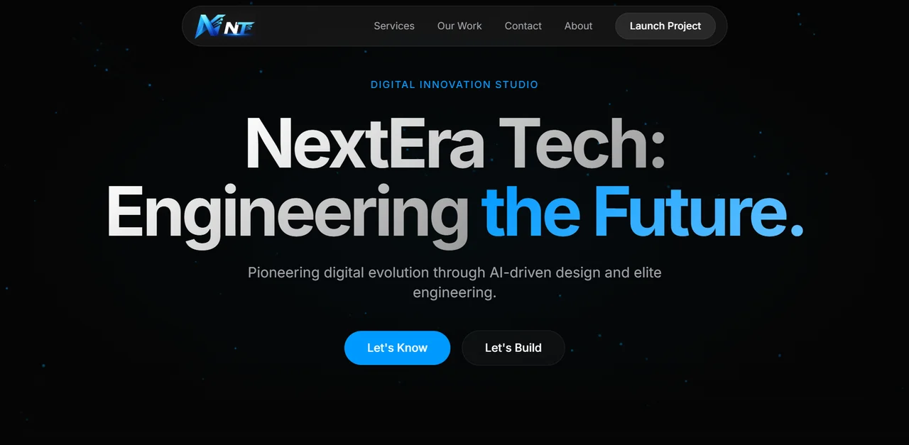 NexteraTech landing hero, running: the studio wordmark and pill navigation over the headline and two calls to action, on a dark starfield background.