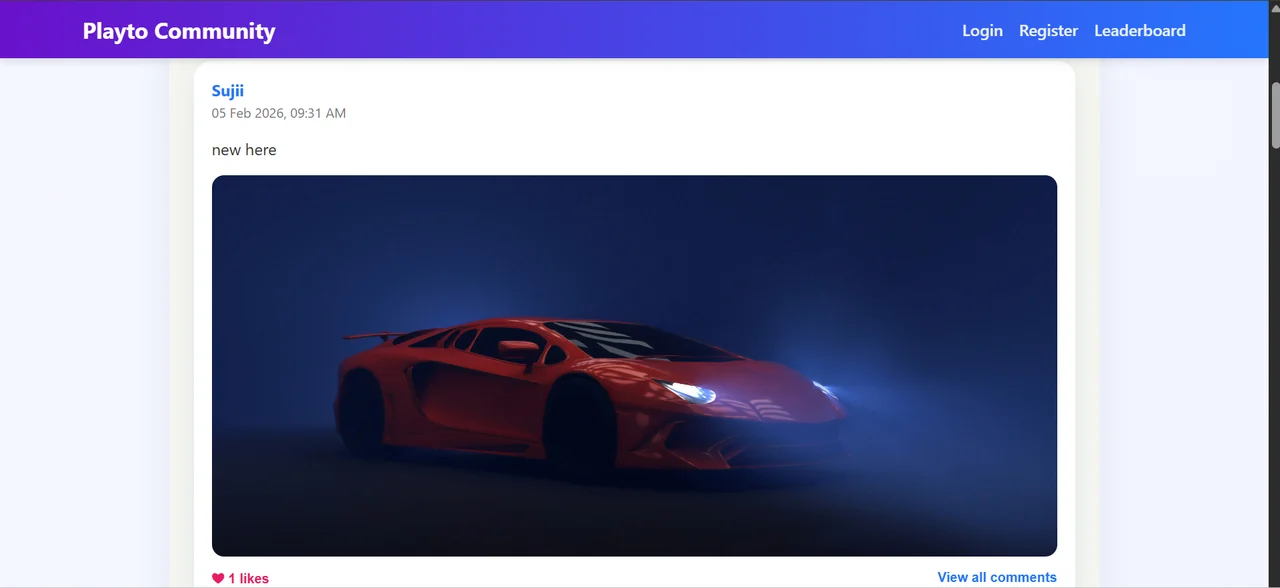Playto Community feed, running: one post with its author and timestamp, an uploaded image, a like count and a link through to its comments, under a nav bar carrying Login, Register and Leaderboard.