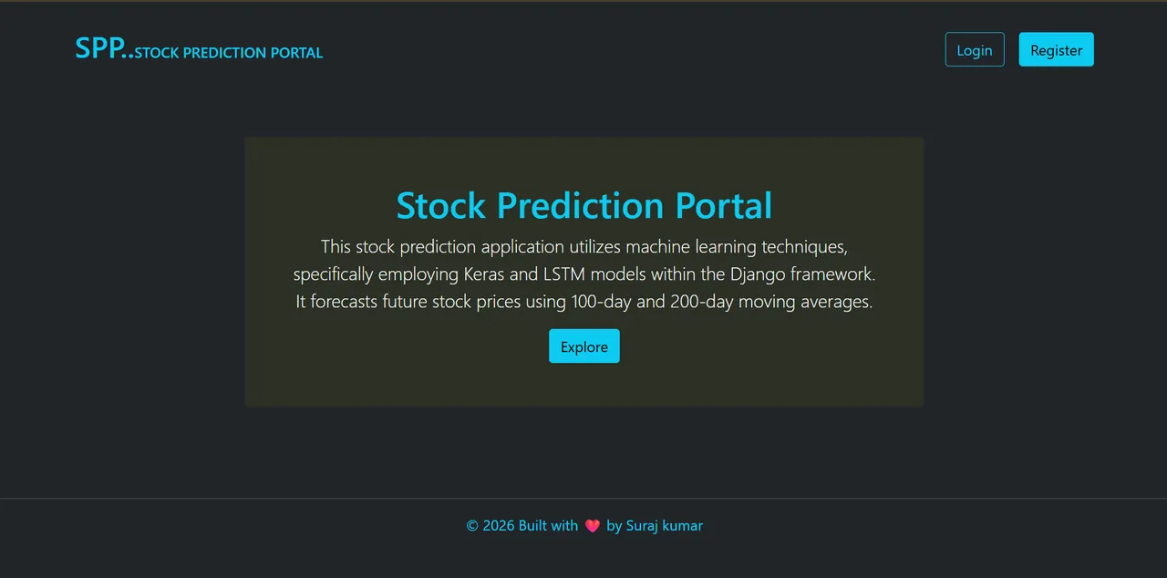 Stock Prediction Portal landing page, running: the SPP wordmark, Login and Register, and a panel stating that the application forecasts prices with Keras and LSTM models inside Django using 100- and 200-day moving averages.