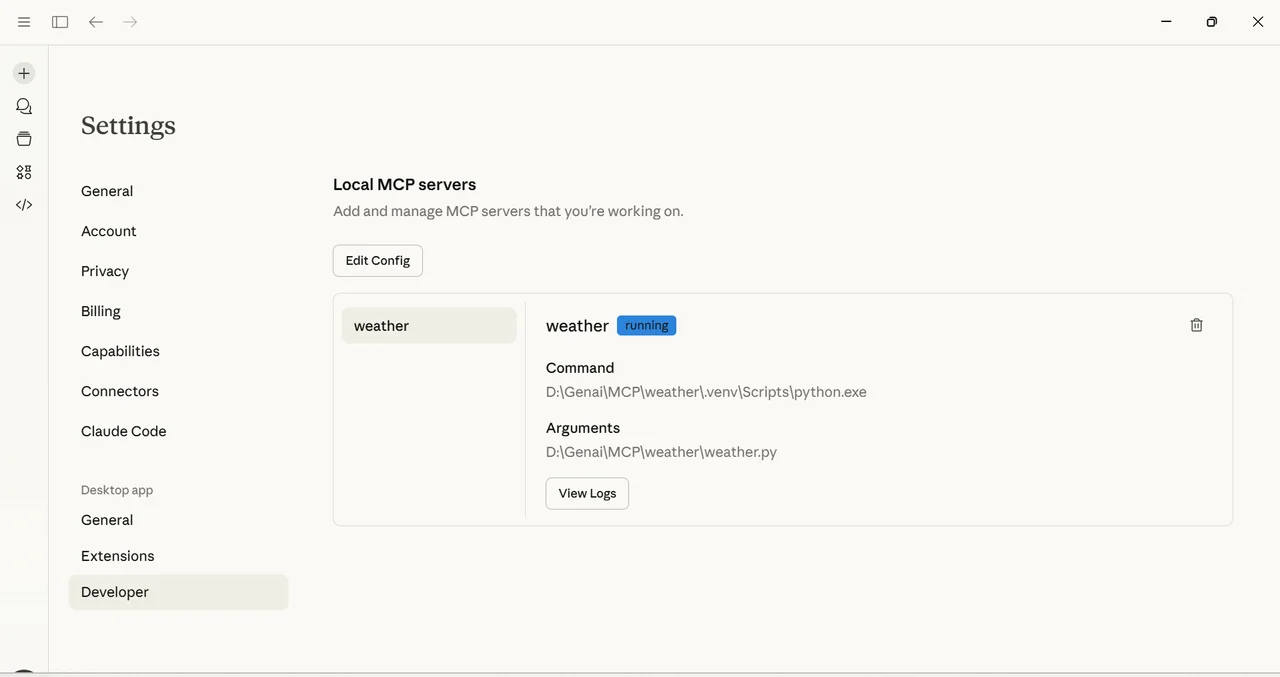 Claude Desktop’s developer settings listing my weather server under Local MCP servers, marked running, with the Python interpreter and the weather.py path it was launched with.